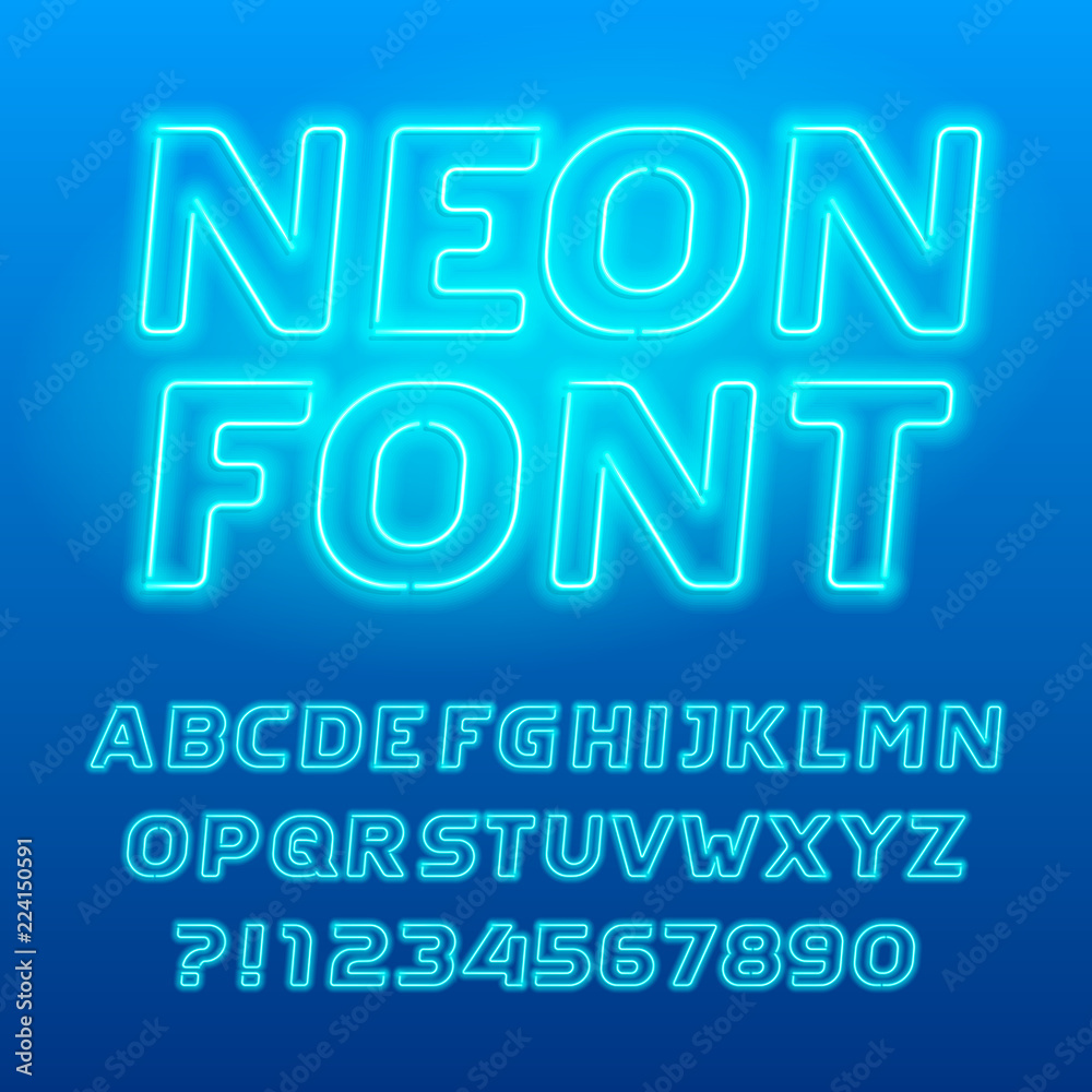 Neon lamp alphabet font. Neon color italic letters, numbers and symbols. Stock vector typography for your design.