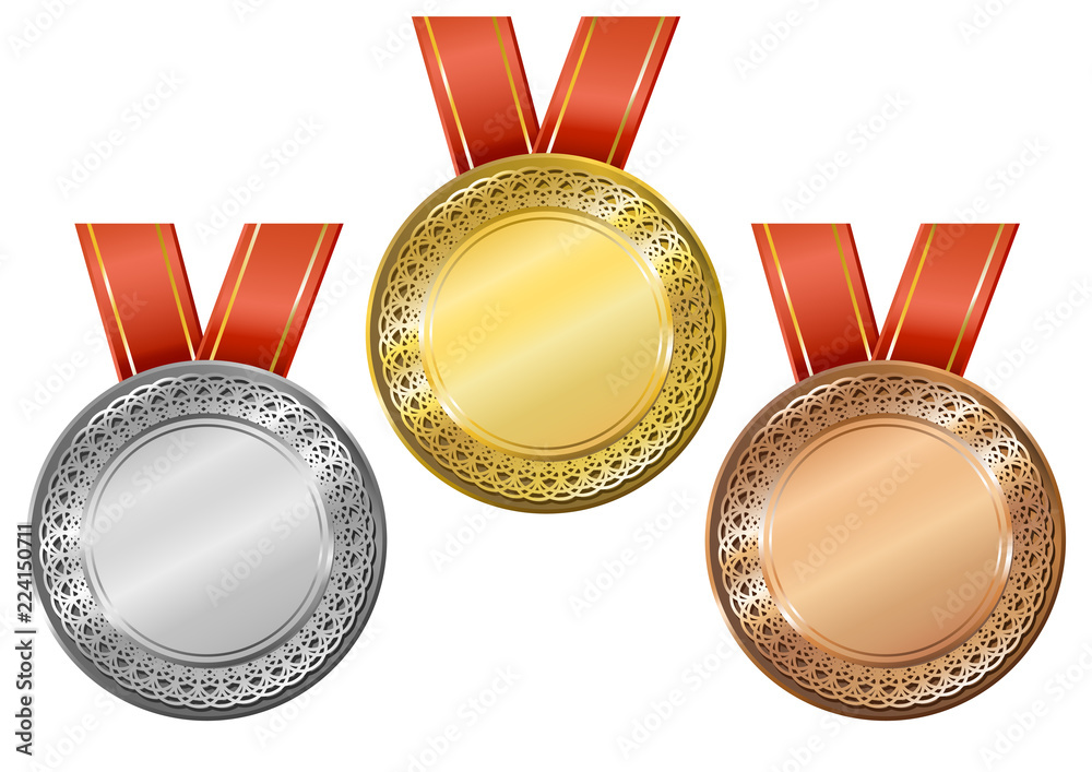Blank medals set. Gold, silver and bronze award medals with patterned border and red ribbon. Blank of coins. Vector illustration. Blank medals set. Gold, silver and bronze award medals with patterned border and red ribbon. Blank of coins. Vector illustration.