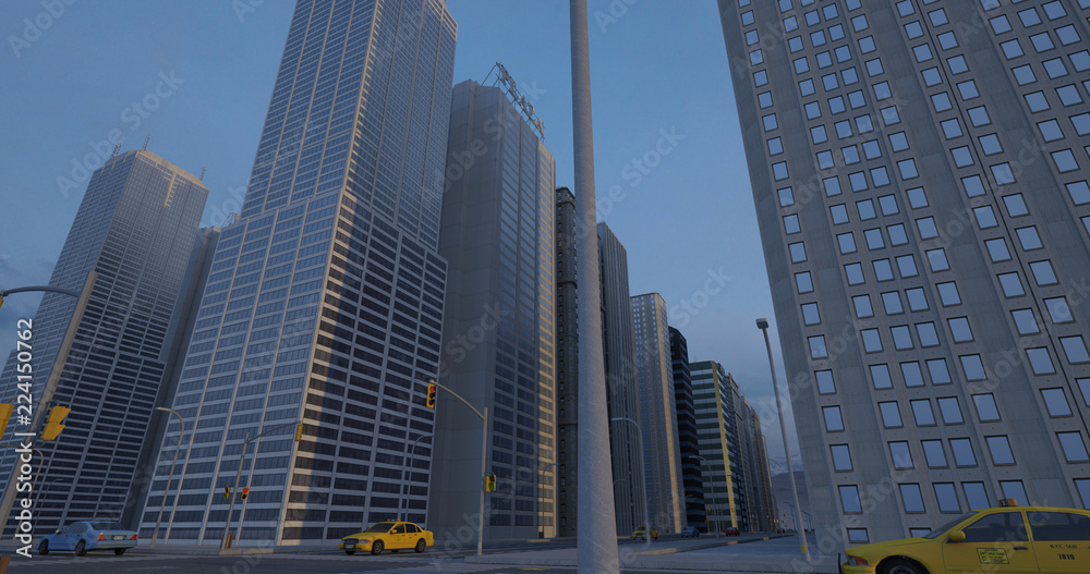 Fototapeta premium Metropolitan Aerial City Flight Render With Skyscrapers - Sunset Time
