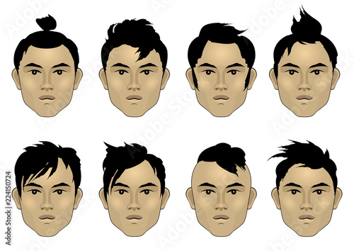 Set of Asian men's faces with different  hairstyles. Vector colorful illustration.