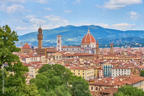 Aerial view of Florence with the Basilica Santa Maria del Fiore (Duomo) and tower of "Palazzo Vecchio" seen from the "Bardini Gardens", Tuscany, Italy