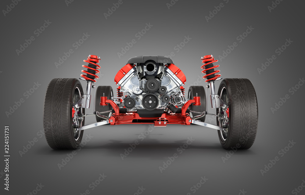 Undercarriage in detail Suspension of the car with wheel and engine isolated on black gradient background 3d Undercarriage in detail Suspension of the car with wheel and engine isolated on black gradient background 3d