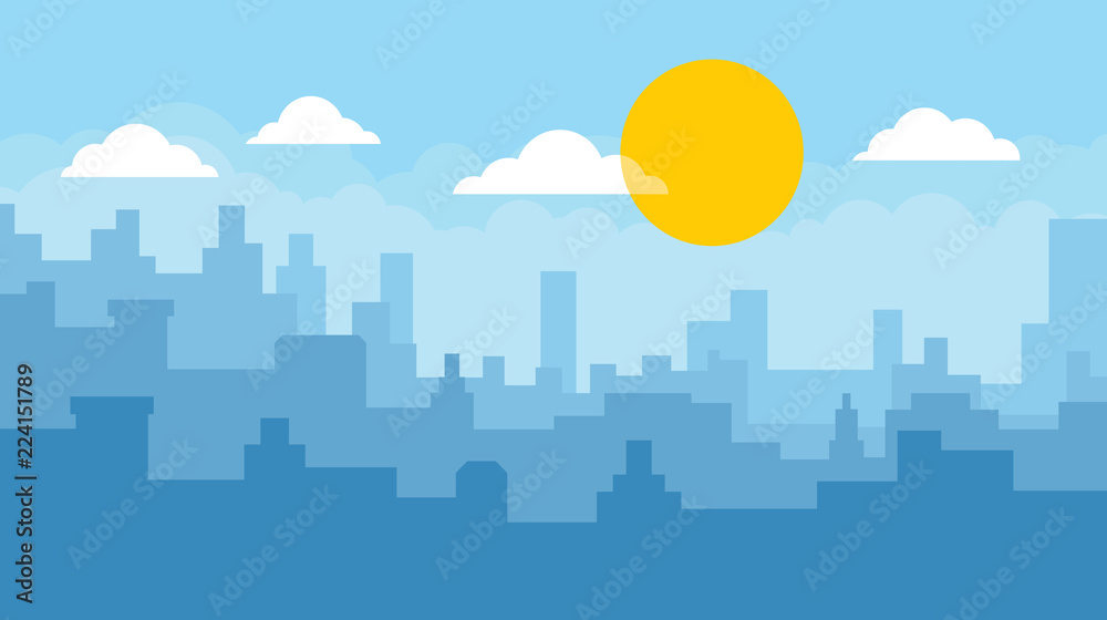 Flat cityscape with blue sky, white clouds and sun