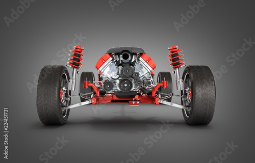 Undercarriage in detail Suspension of the car with wheel and engine isolated on black gradient background 3d