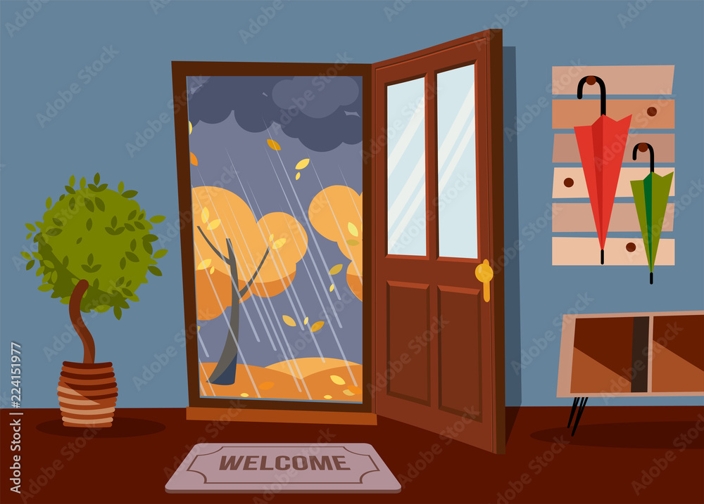 The Interior Hallway With The Door Open A Coat Rack With Umbrellas And House Tree Outside Autumn Rainy Evening And Yellow Trees Wall With Little Table For Keys Flat Cartoon Vector Illustration The Interior Hallway With The Door Open A Coat Rack With Umbrellas And House Tree Outside Autumn Rainy Evening And Yellow Trees Wall With Little Table For Keys Flat Cartoon Vector Illustration