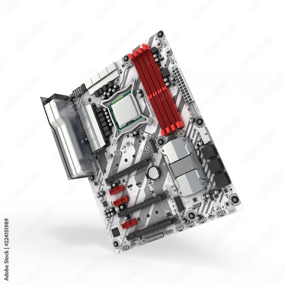 Motherboard with realistic chips and slots isolated on white background 3d render Motherboard with realistic chips and slots isolated on white background 3d render