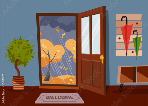 The interior hallway with the door open, a coat rack with umbrellas and house tree. Outside autumn rainy evening and yellow trees. Wall with little table for keys. Flat cartoon vector illustration.