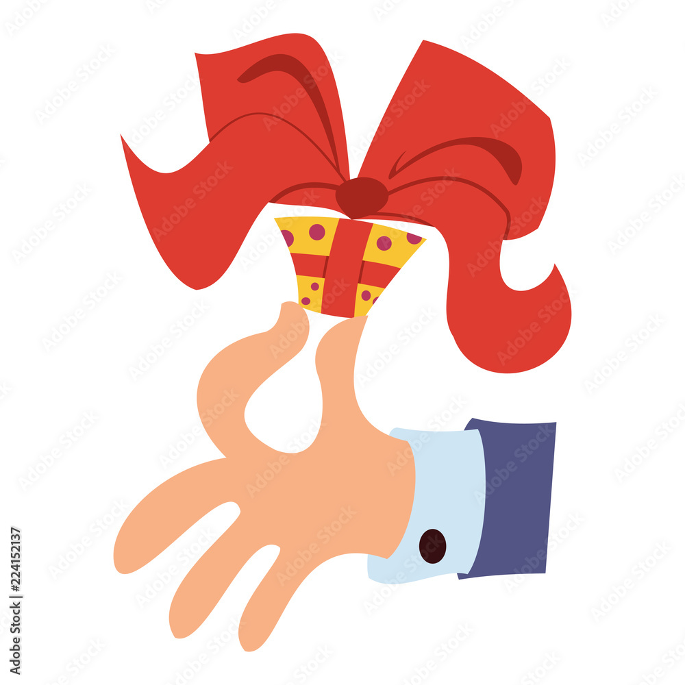 Hand gift giving yellow box with red bow. Vector cartoon illustration  isolated on a white background. Flat icon. Stock Vector | Adobe Stock