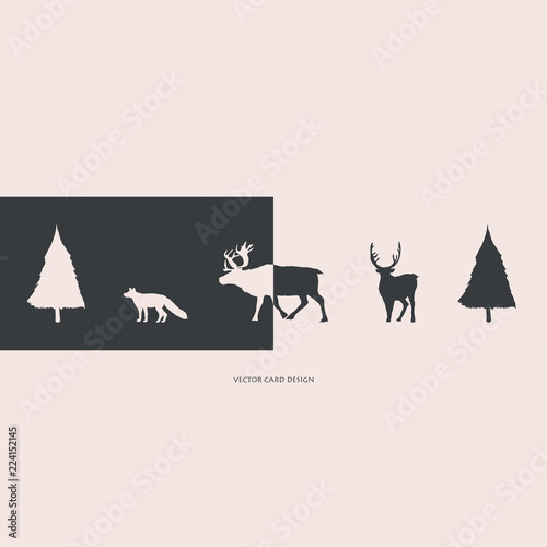 Vector illustration. Herringbones, deers and fox silhouettes. Vector card. Cover design.