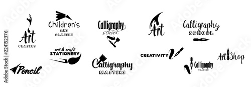 Art classes lettering logo design set. Calligraphy school, masters, craft shop logo with hand, calligraphic fonts. Black metal laser cut collection. Art and creativity logotype. Isolated vector