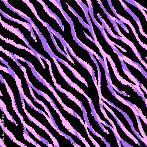 Seamless pattern with zebra or tiger fur print. Vector illustration. Exotic wild animalistic texture. Neon pink, purple, black wallpaper.