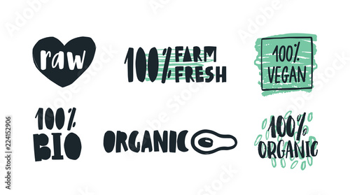 Bundle of labels with handwritten lettering for raw, farm, organic and vegan products, wholesome vegetarian food