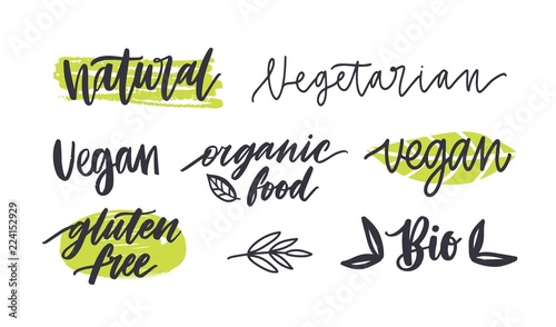 Set of labels with written inscriptions for gluten free, vegetarian, organic products, natural healthy food. Collection of tags isolated on white background. Colored hand drawn vector illustration. © Good Studio