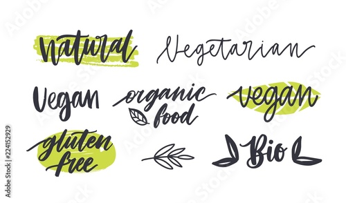 Set of labels with written inscriptions for gluten free, vegetarian, organic products, natural healthy food. Collection of tags isolated on white background. Colored hand drawn vector illustration.