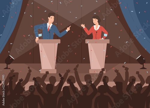Male and female politicians taking part in political debates in front of audience. Pair of government workers talking to each other or having dispute. Colorful vector illustration in cartoon style. photo
