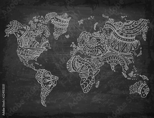 Fototapeta Naklejka Na Ścianę i Meble -  Doodle world map on a chalkboard background. Hand-drawn continents. Vector illustration. Ethnic patterns.