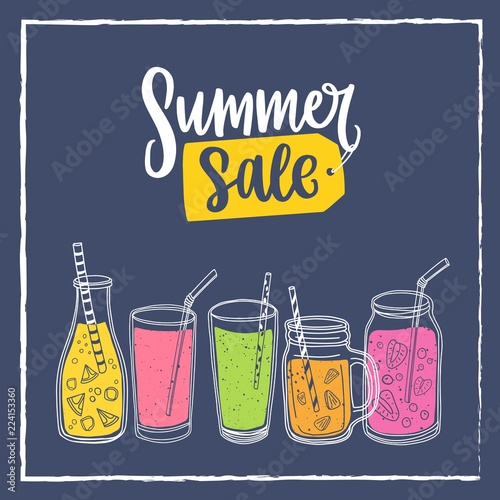 Square banner template with Summer Sale lettering and smoothie drinks, bevera...