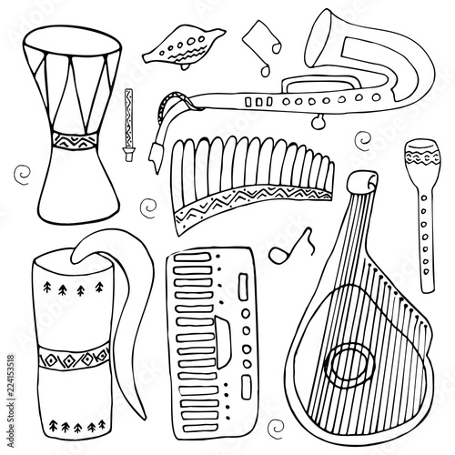 Set of hand drawn traditional Slavic, Ukrainian musical instruments isolated on a white background. Reed pipe, kobza, buhay, sopilka, bandura, pan flute etc.