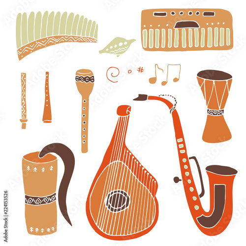 Set of hand drawn traditional Slavic, Ukrainian musical instruments isolated on a white background. Reed pipe, kobza, buhay, sopilka, bandura, pan flute etc.