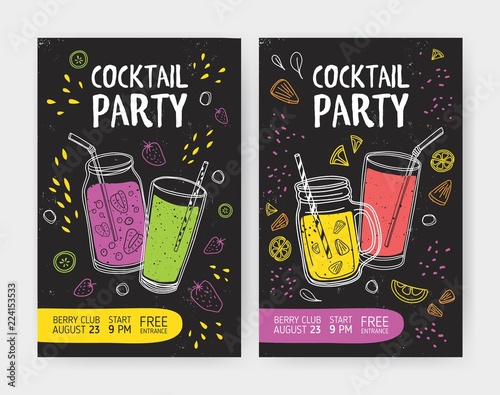 Set of flyer or cocktail party invitation templates with tasty soft drinks or refreshing tropical fruit beverages in jars and glasses with straws. Colored vector illustration for event advertisement.