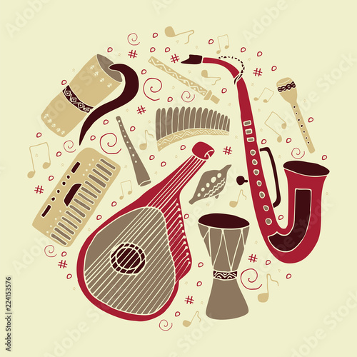 Set of hand drawn traditional Slavic, Ukrainian musical instruments in circle. Reed pipe, kobza, buhay, sopilka, bandura, pan flute etc.