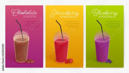 Collection of flyer or poster templates with delicious smoothies or healthy tasty detox drinks in plastic glasses with lid and straw. Colorful vector illustration for advertisement, promotion.
