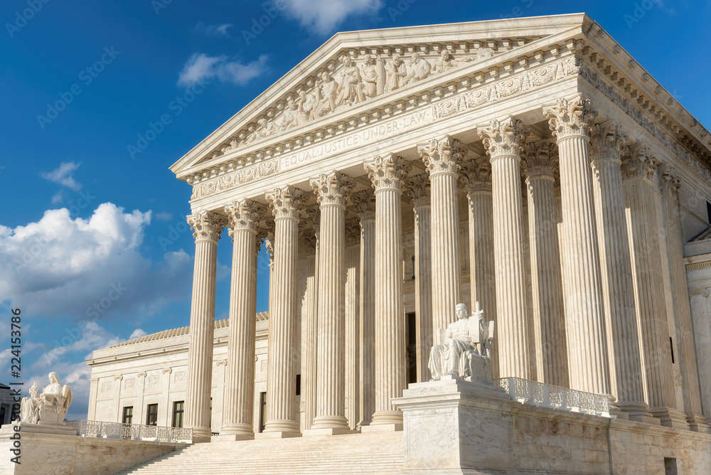 The front facade of the United States Supreme Court in Washington, DC, USA.