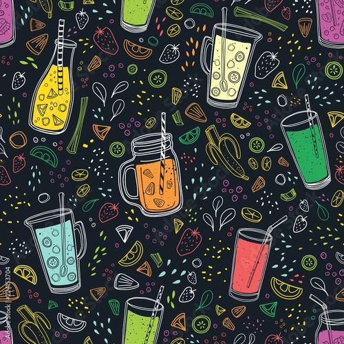 Seamless pattern with delicious vegan drinks, tasty juices or smoothies made of berries, fruits and vegetables on black background. Vector illustration for wrapping paper, fabric print, wallpaper.