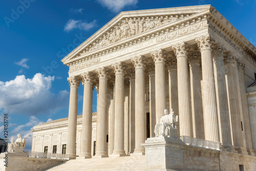 The front facade of the United States Supreme Court in Washington, DC, USA.