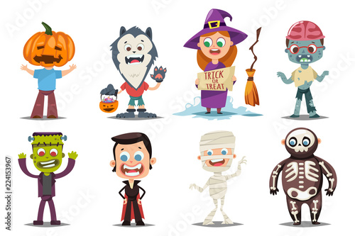 Halloween kids costumes: pumpkin, vampire, werewolf, zombie, frankenstein, witch with a broom, mummy and skeleton. Vector cartoon set of cute boy and girl characters isolated on white background.