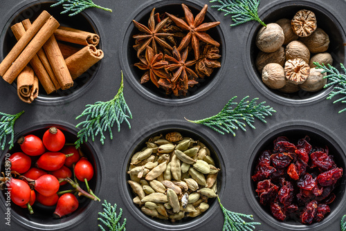 Christmas spices for baking, food background, top view, flat lay