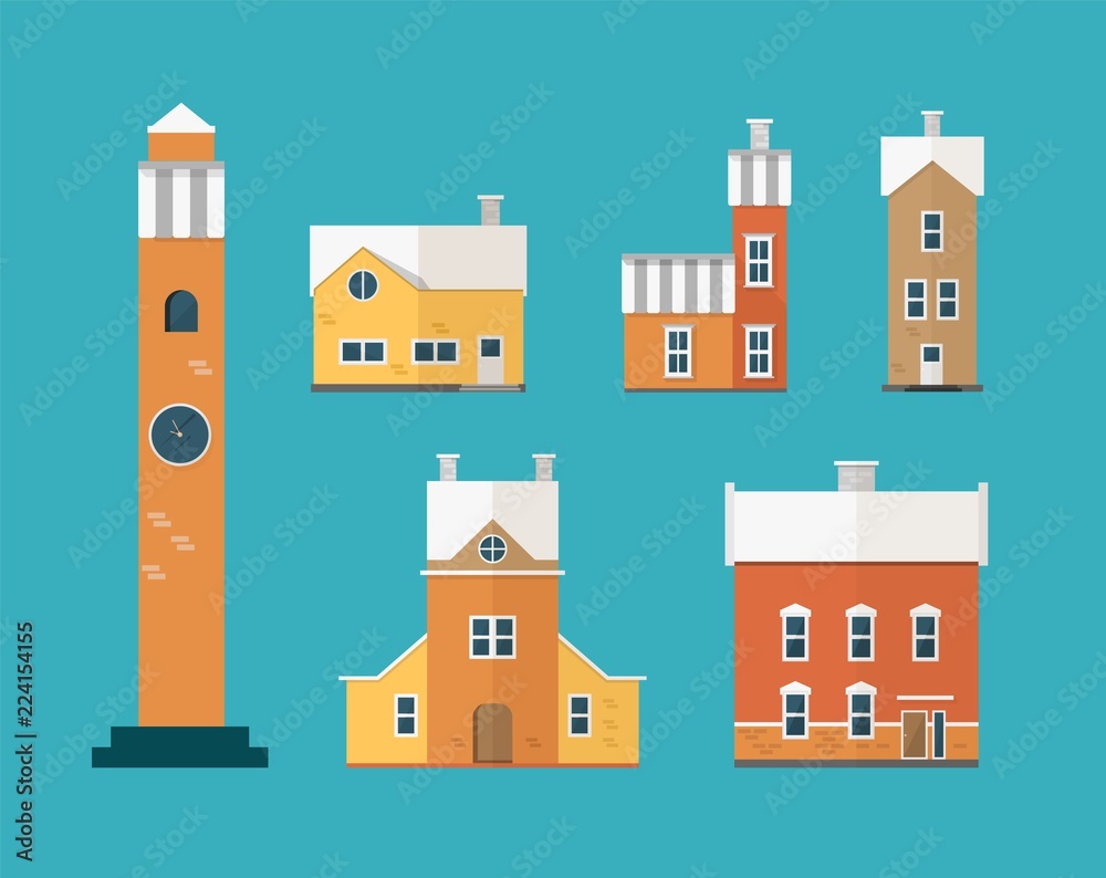 Collection of two-storey residential buildings and clock tower isolated on green background. Set of city or town houses of European architecture. Colorful vector illustration in flat cartoon style. Collection of two-storey residential buildings and clock tower isolated on green background. Set of city or town houses of European architecture. Colorful vector illustration in flat cartoon style.