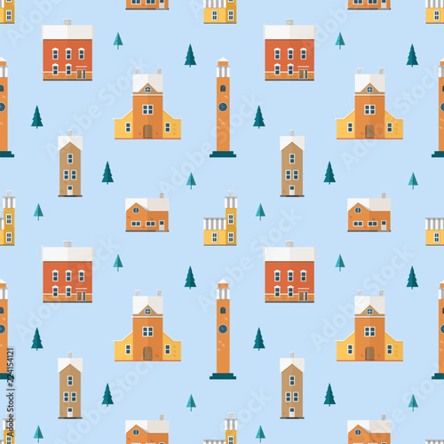 Seamless pattern with old buildings, clock towers, spruce trees