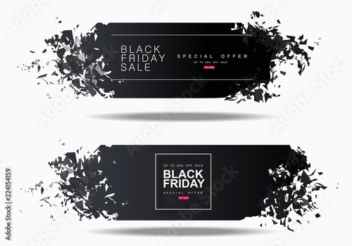 Black Friday discount coupon. Hole in black paper on white background. Blast wave with flying fragments. Big Sale