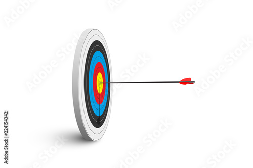 Archery target with red arrow isolated on white background. Vector poster or banner template.
