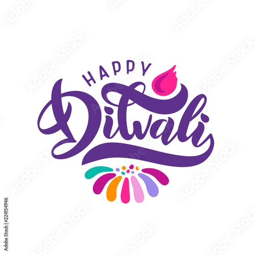 Bright festive vector lettering text Diwali with imitation of diya oil lamp with flame.