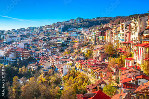 Aerial view of  Veliko Tarnovo in a beautiful autumn day, Bulgaria