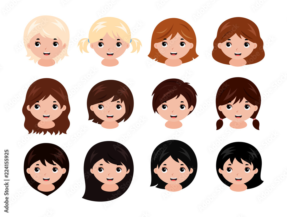 Cute little girls head with different hairstyles and hair colors from blonde to black. Vector. Cute little girls head with different hairstyles and hair colors from blonde to black. Vector.