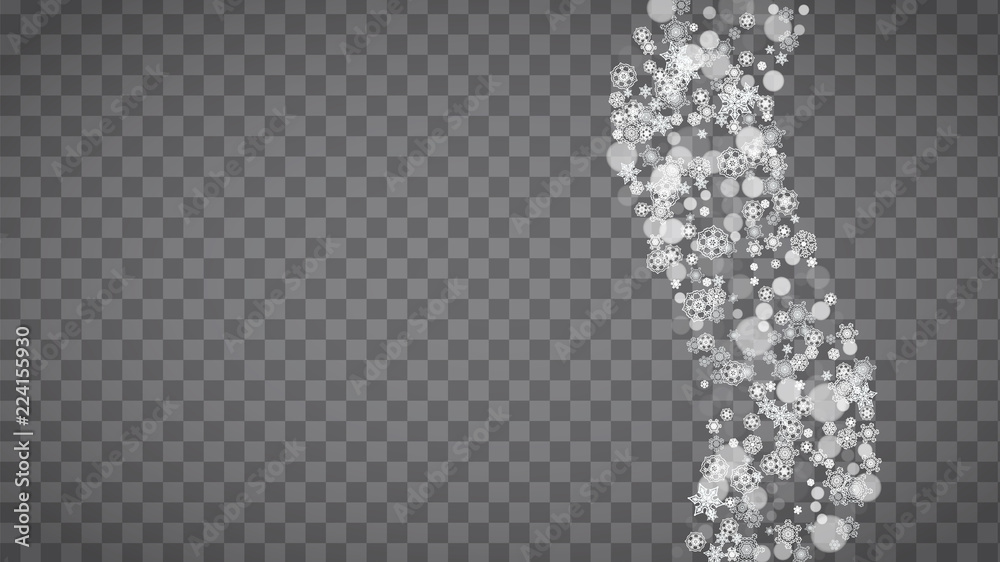 Isolated snowflakes on transparent grey background. Winter sales, Christmas and New Year design for party invitation, banner, sale. Horizontal winter window. Magic isolated snowflakes. Silver flakes