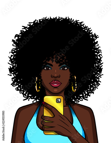 Vector color  illustration of an african american woman doing selfie. A fashionable girl is taking pictures of herself on the phone. The glamourus lady making a photo using the gold phone