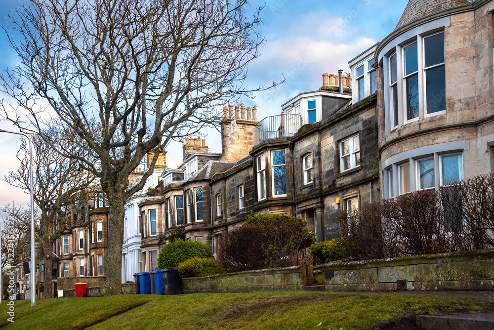 Row of Traditional Stone Terraced Houses on a Clear Winter Day. St. Andrews, Scotland