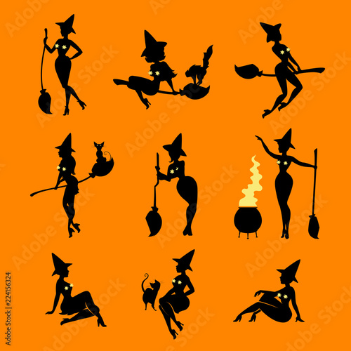 Set of black witch silhouettes on orange.