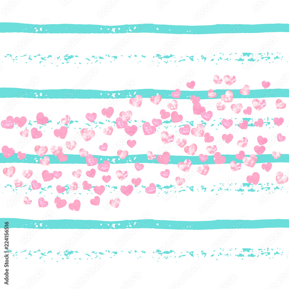 Pink glitter confetti with hearts on turquoise stripes. Shiny random sequins with metallic sparkles. Design with pink glitter confetti for party invitation, event banner, flyer, birthday card.