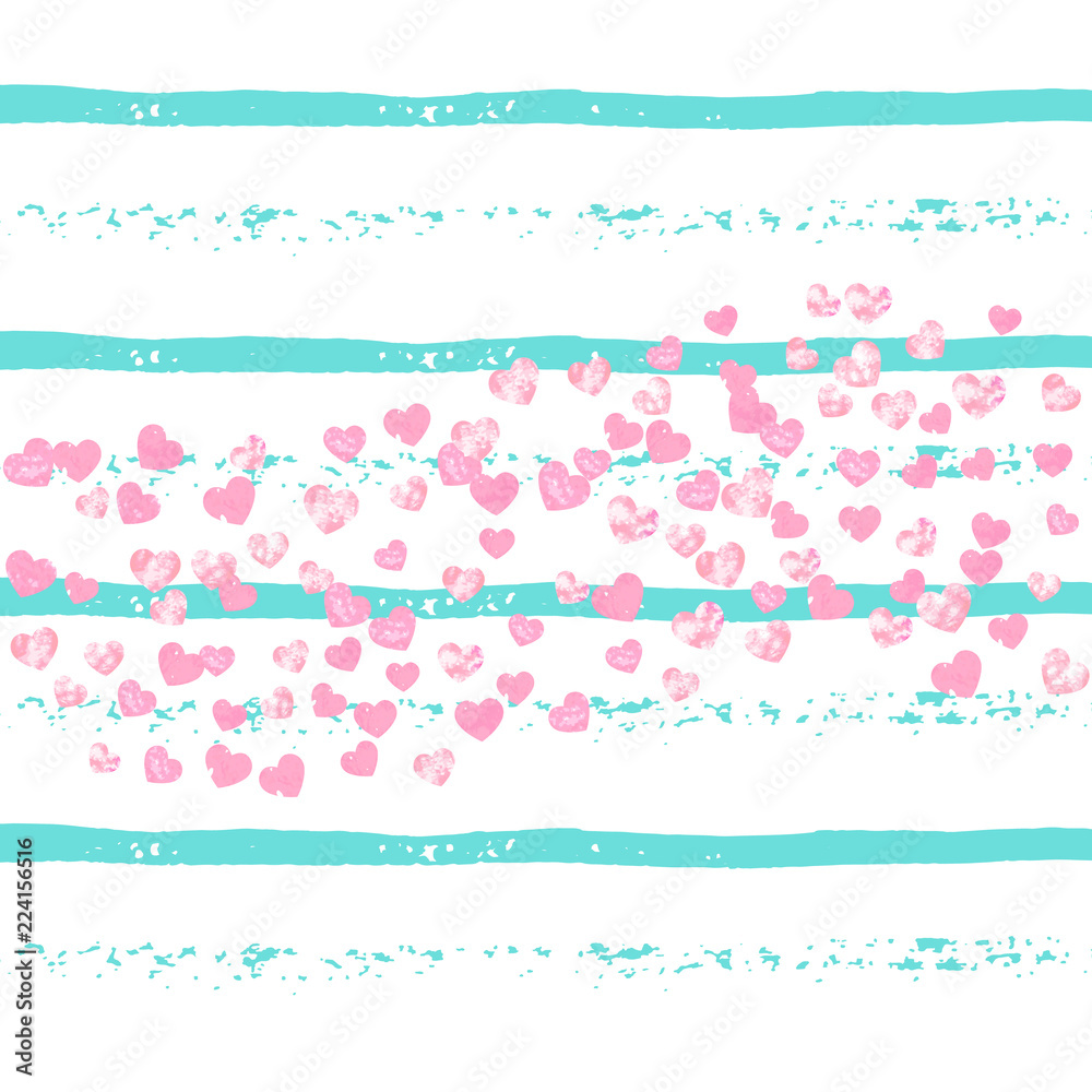 Pink glitter confetti with hearts on turquoise stripes. Shiny random sequins with metallic sparkles. Design with pink glitter confetti for party invitation, event banner, flyer, birthday card. Pink glitter confetti with hearts on turquoise stripes. Shiny random sequins with metallic sparkles. Design with pink glitter confetti for party invitation, event banner, flyer, birthday card.