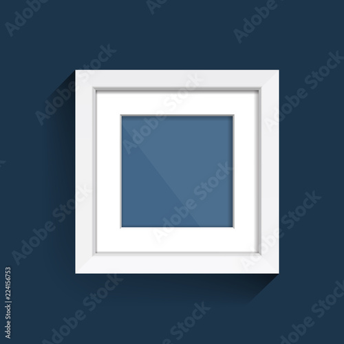 Photoframe mock up on the wall. Simple white empty framing. Template for poster, picture, painting. Vector.