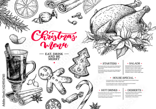 Christmas menu. Winter restaurant and cafe sketch template