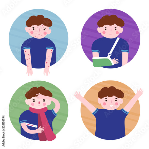 A boy and a rash. A boy and a broken arm. A boy and a cold. A healthy boy. Set of vector illustration in cartoon style.