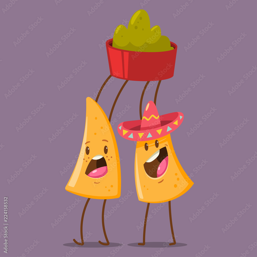 Funny Nachos character in sombrero with guacamole dip. Cute mexican food  vector cartoon illustration isolated on background. Best friends concept  design. Stock Vector | Adobe Stock