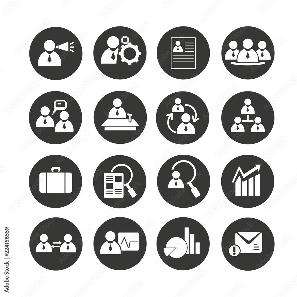 human resource and business management icons set in circle button style