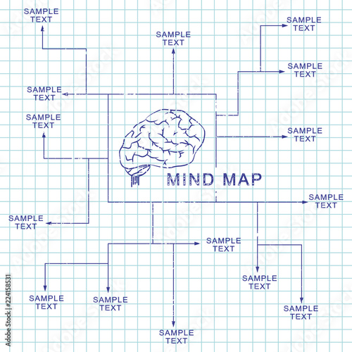 Mind map template design. Vector illustration of a ballpoint pen of the brain on a notebook page.